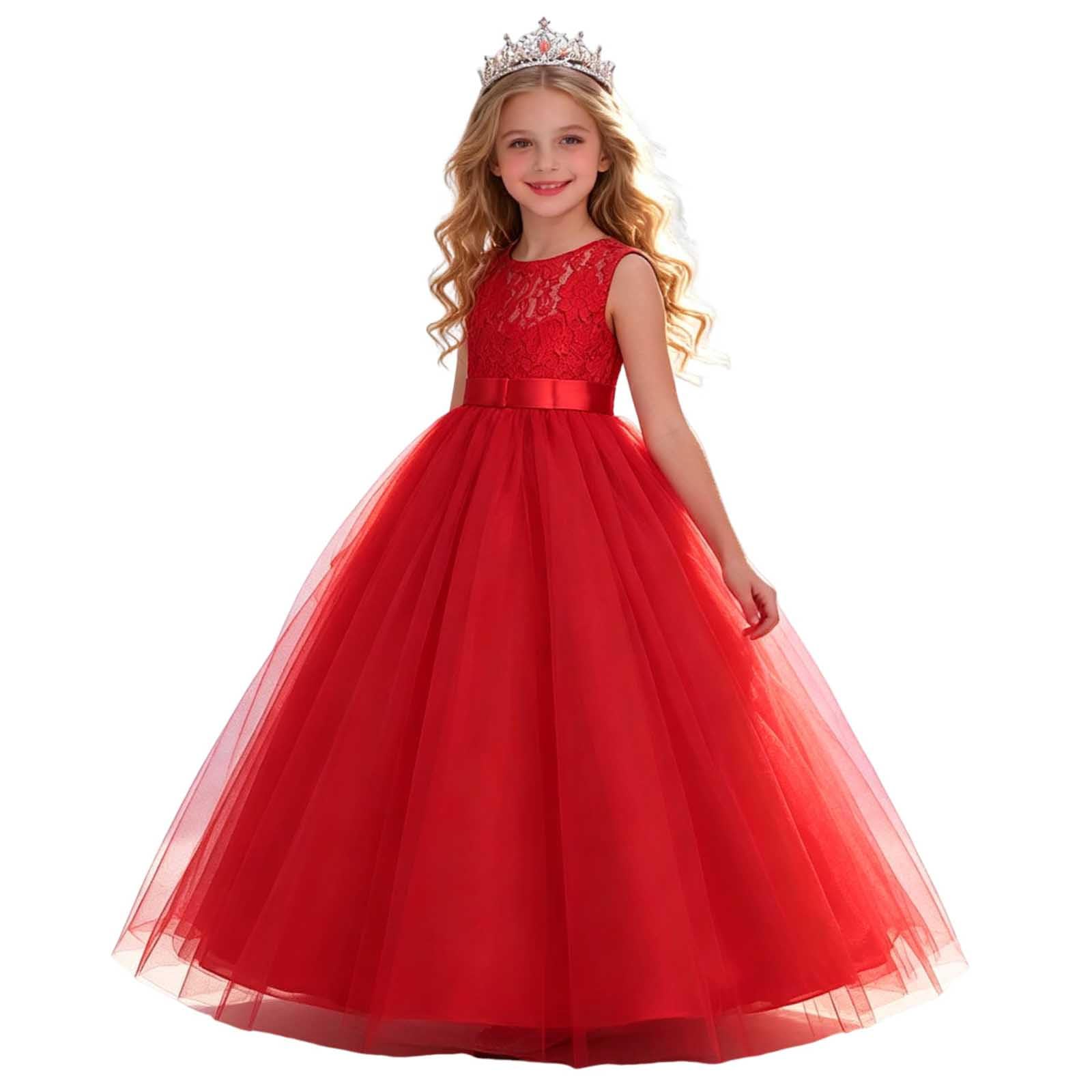 Girls Prom Dress Lace Bodice Tulle Maxi Dress Kids Sleeveless Satin Waist Princess Gown Elegant Style Fancy Dresses Wedding Pageant Birthday Party Formal Wear 11 Years Red