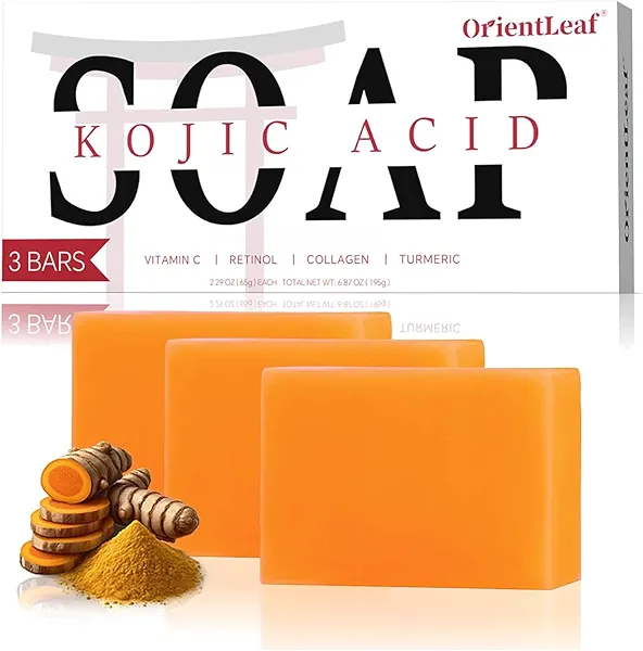 ORIENTLEAF Kojic Acid Soap, Turmeric Soap Bar for Dark Spots, Fresh Citurs Scent, Gentle for Face and Body Wash with Vitamin C, Shea Butter, Retinol, Olive Oil, Collagen (3 PACK)