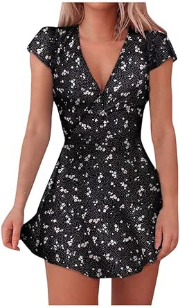 Women Casual Dresses for Summer Pleated V-Neck Short Sleeve Floral ...