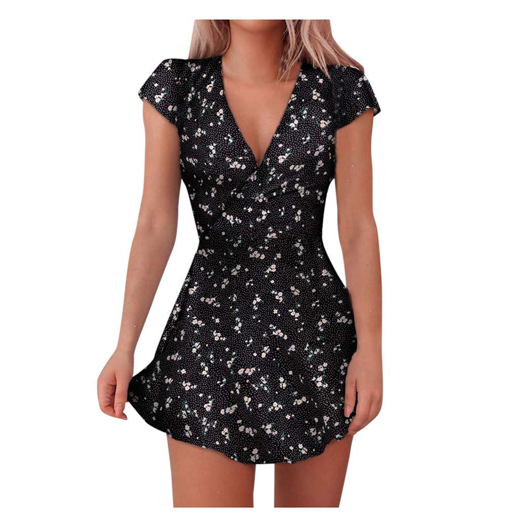 riou Vestidos Mujer Verano 2022 Corto Sexy Boho Vestidos Florales Lunares Vestido Delgado Swing Falda de Playa Cuello en V Mini Vestidos para Mujer Adolescente Elegante Vestido Informal