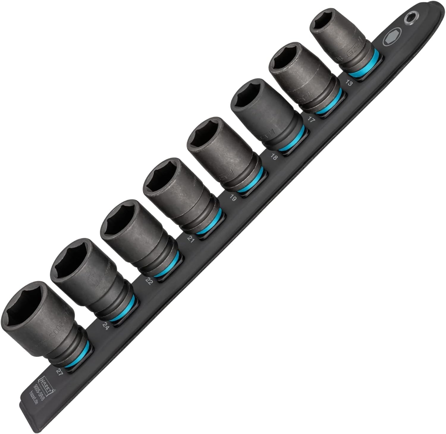 HAZET Smart-Rail 900S-SR/8 I magnetyczny spód z 8 nasadkami, napęd: kwadrat 12,5 mm (1/2 cala), wyjście: zewnętrzny sześciokątny profil trakcyjny I plastikowa szyna nasadowa na klucze nasa