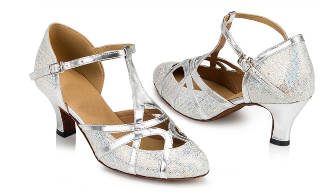 TDA Womens T-Strap Glitter Silver Synthetic Salsa Tango Ballroom Latin Party Dance Shoes CM101 6.5 M US