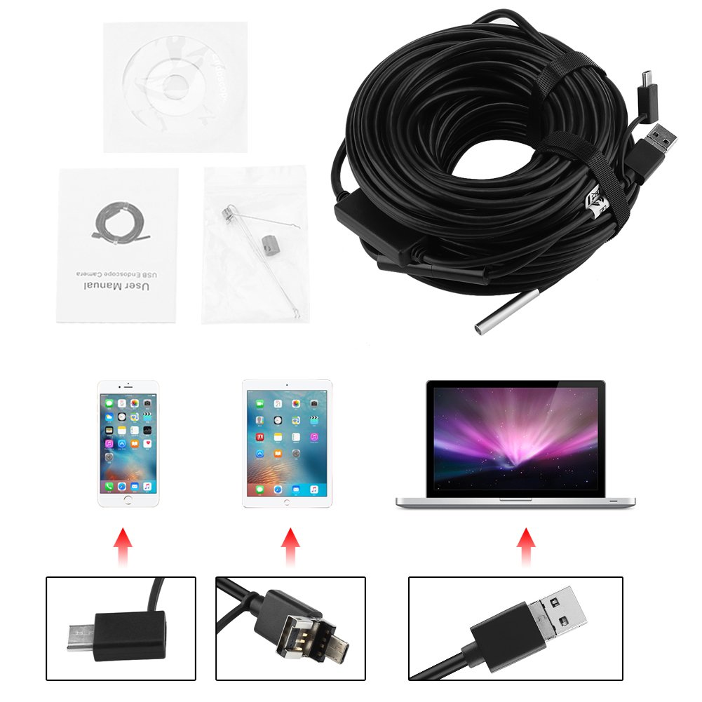 TOPINCN Endoscopio USB, Endoscopio USB De 20 Metros De 5,5 Mm con Cámara HD De 720P Impermeable para Inspección De Tuberías De Coche con Luces Led