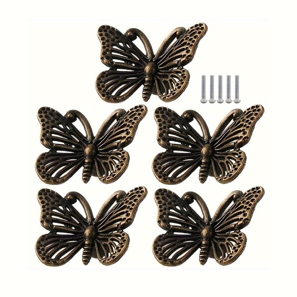 Llxtjjy 5Pcs Cabinet Handles Vintage Butterfly Handle Pull Knob Furniture Cupboard Cabinet Handles Kitchen Drawer Pull Handles Home Decoration Handle Cabinet Knobs(5Pcs)