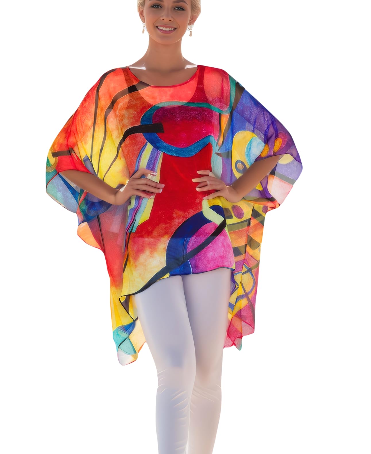 Donna Estivo Seta Chiffon Poncho Tunica Kimono Camicetta Vestito dalla Spiaggia di Estate One Size