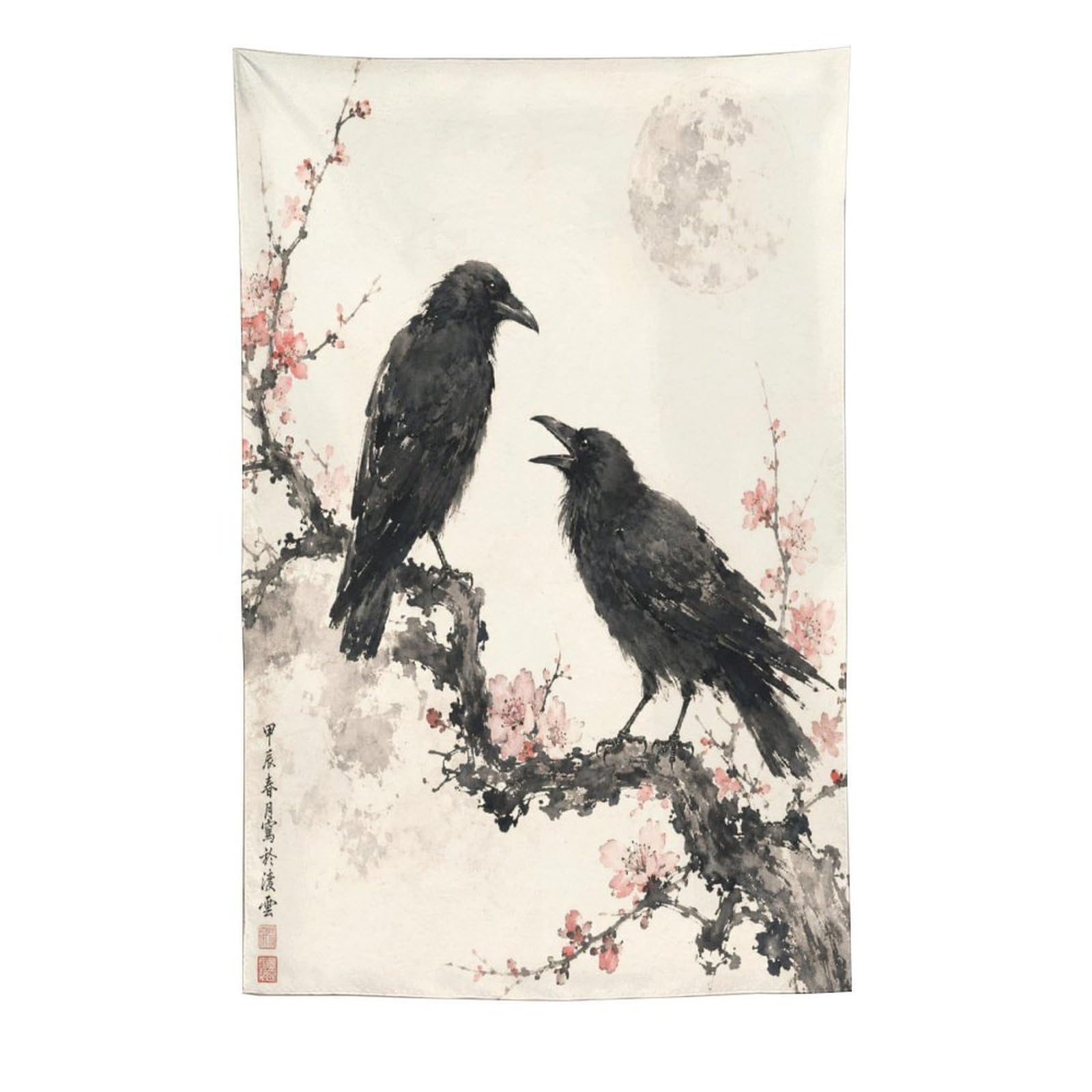 W7C8U2X3 Raven Pair with Moon Wall Tapestry, Ukiyo-e Style, Cherry Blossom