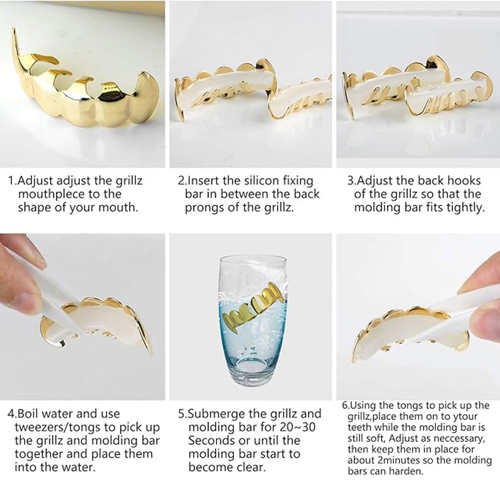 SSyang Hip Hop Teeth Grills for Mouth Braces Decoration with 2 Silicone Moldings Hip Hop Teeth Grills for Mouth Top Bottom Music Festival Party Hip Hop Rapper Decorations (Gun Black) - Image 4