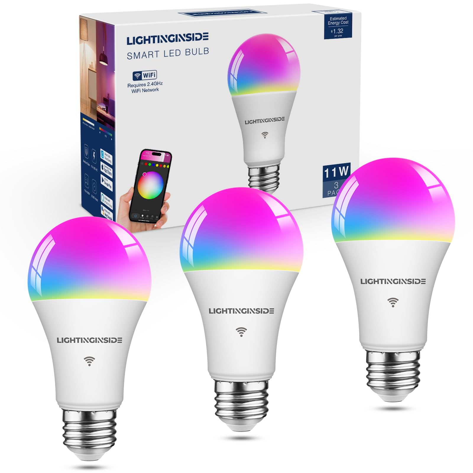 Lightinginside Smart Bulb 100W Equivalent, 1350LM 11W WiFi Smart Light Bulbs Work with Alexa and Google Assistant, A19 E26 Color Changing Light Bulb No Hub Required, 2.4GHz WiFi Only, ETL Listed, 3PCS