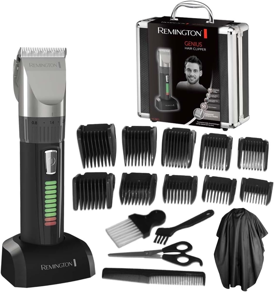 Remington Genius Hair Clippers [Professional Kit] (Pro Heavy Duty Motor, Self-Sharpening Ceramic Blades, Mains/Wireless Lithium Battery, 10 Combs, Pro Case + Accessories) HC5811 Trimmer