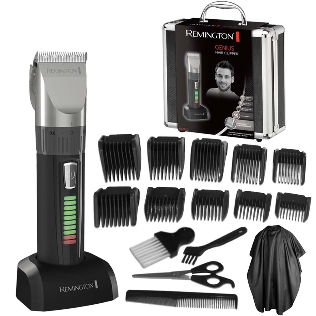 Remington Genius Hair Clippers [Professional Kit] (Pro Heavy Duty Motor, Self-Sharpening Ceramic Blades, Mains/Wireless Lithium Battery, 10 Combs, Pro Case + Accessories) HC5811 Trimmer
