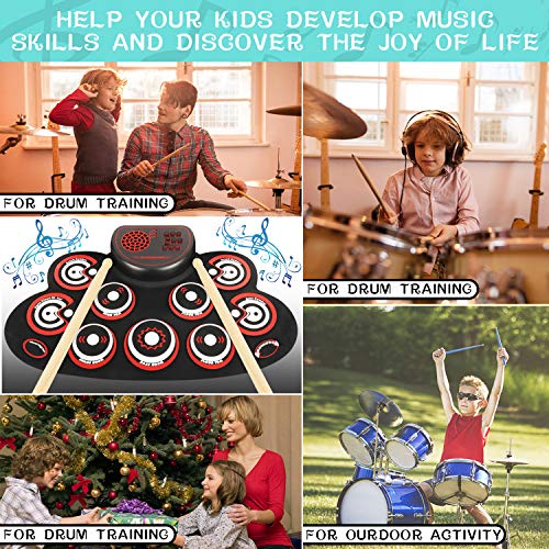 Electronic Drum Set - YUOIOYU Practice Drum Pad Roll Up Potable Drum Kit with Headphone Jack Built-in Speaker Drum Sticks 10 Hours Playtime, Great Holiday Birthday Gift for Kids Adult - Thumbnail 7