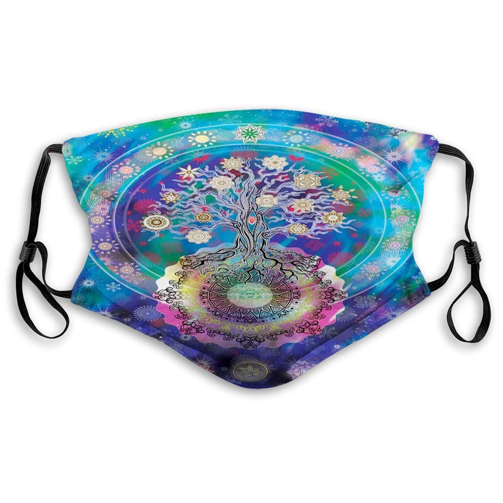 KENDIA Comfortable Windproof mask, Mandala, Tree of Life Floral Style Mandala Ancient Artwork Meditation Peace Spa Design, PrintedPurple and Blue