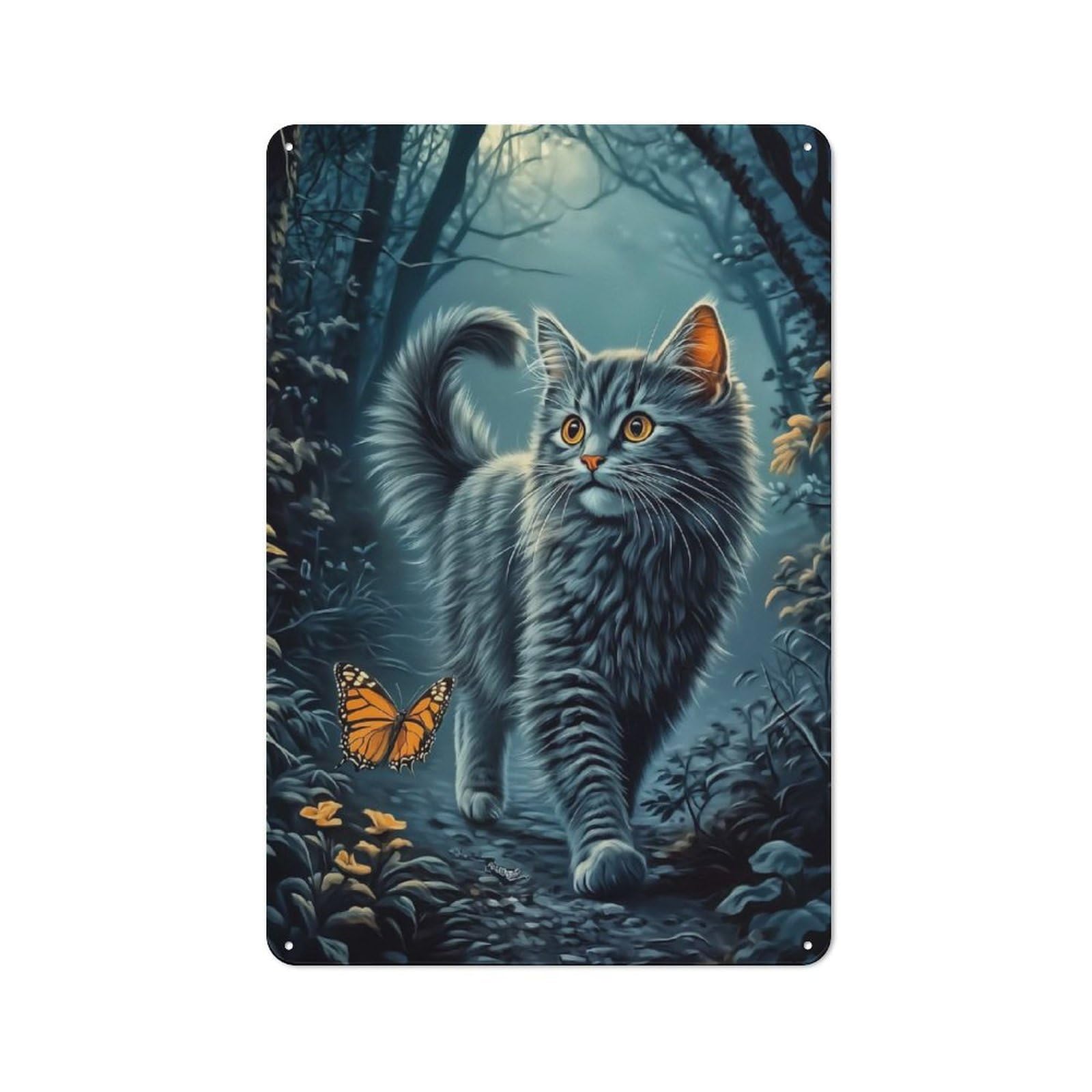 Junmoney Style-23 Bistro Style British Shorthair Cat And Butterfly In Forest Tin Wall Sign 30X20cm, Shop Wall Decor For Takeaway, Bar, Kitchen Or Counter Area