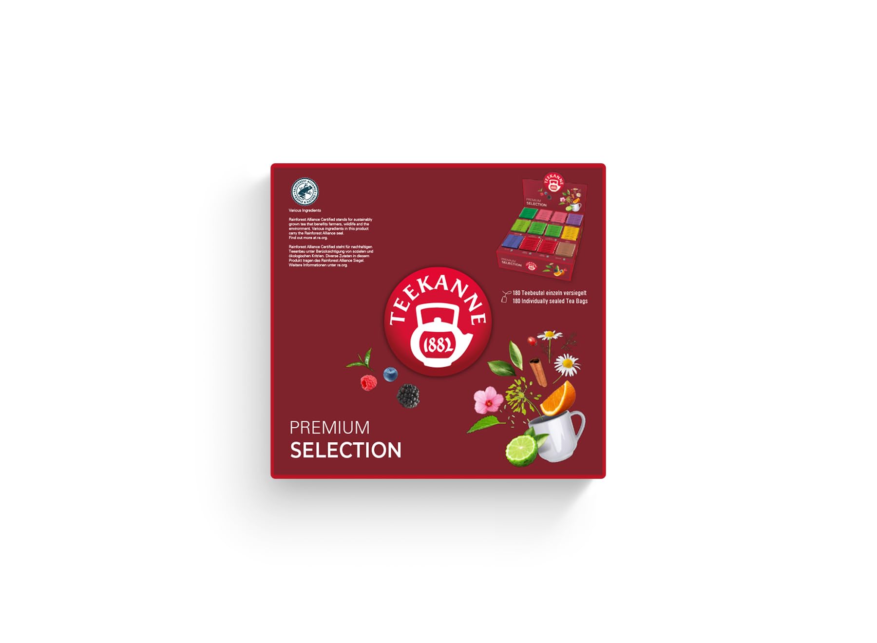 TEEKANNE Tee Sortimentsbox 180 Beutel, Premium Geschenkidee – 9 Sorten Schwarztee, Kräutertee & Früchtetee – English Breakfast, Earl Grey, Grüntee, Pfefferminze, Kamille – Rainforest Alliance