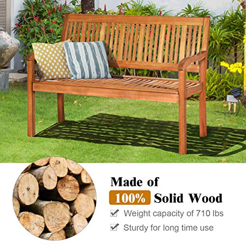 Safstar Outdoor Wooden Bench, Eucalyptus Wood Garden Bench with Curved Armrest and Backrest, 2-Person Loveseat for Entry Way Porch Garden, Strong Weight Capacity of 700lbs