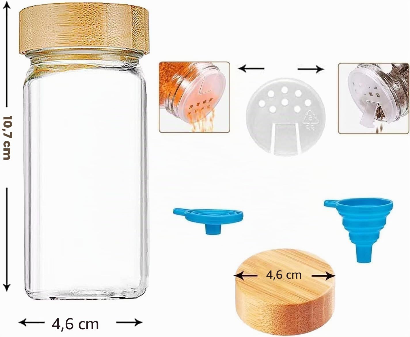 Danillous Lot de 24 pots à épices cylindriques avec couvercle en bambou, pots à épices avec insert saupoudrer, étiquettes pré-imprimées, autocollants noirs et blancs élégants (180 noms d'épices),