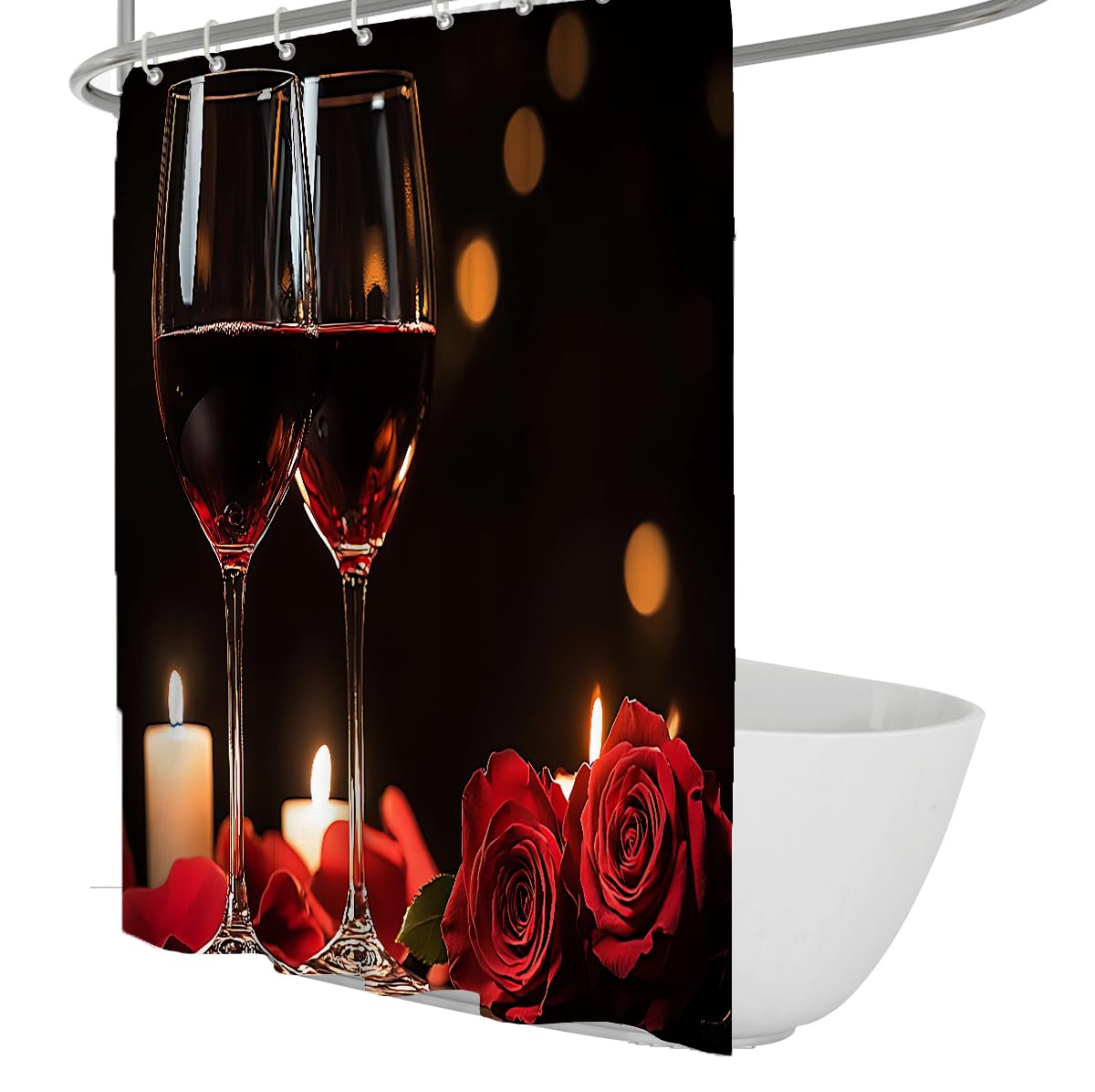 Romantischer Rotwein-Duschvorhang Rosen und Kerzen Abendessen-Thema Duschvorhang Eleganter Valentinstag-Badezimmerdekor Wasserdichtes Polyester 180 x 180 cm