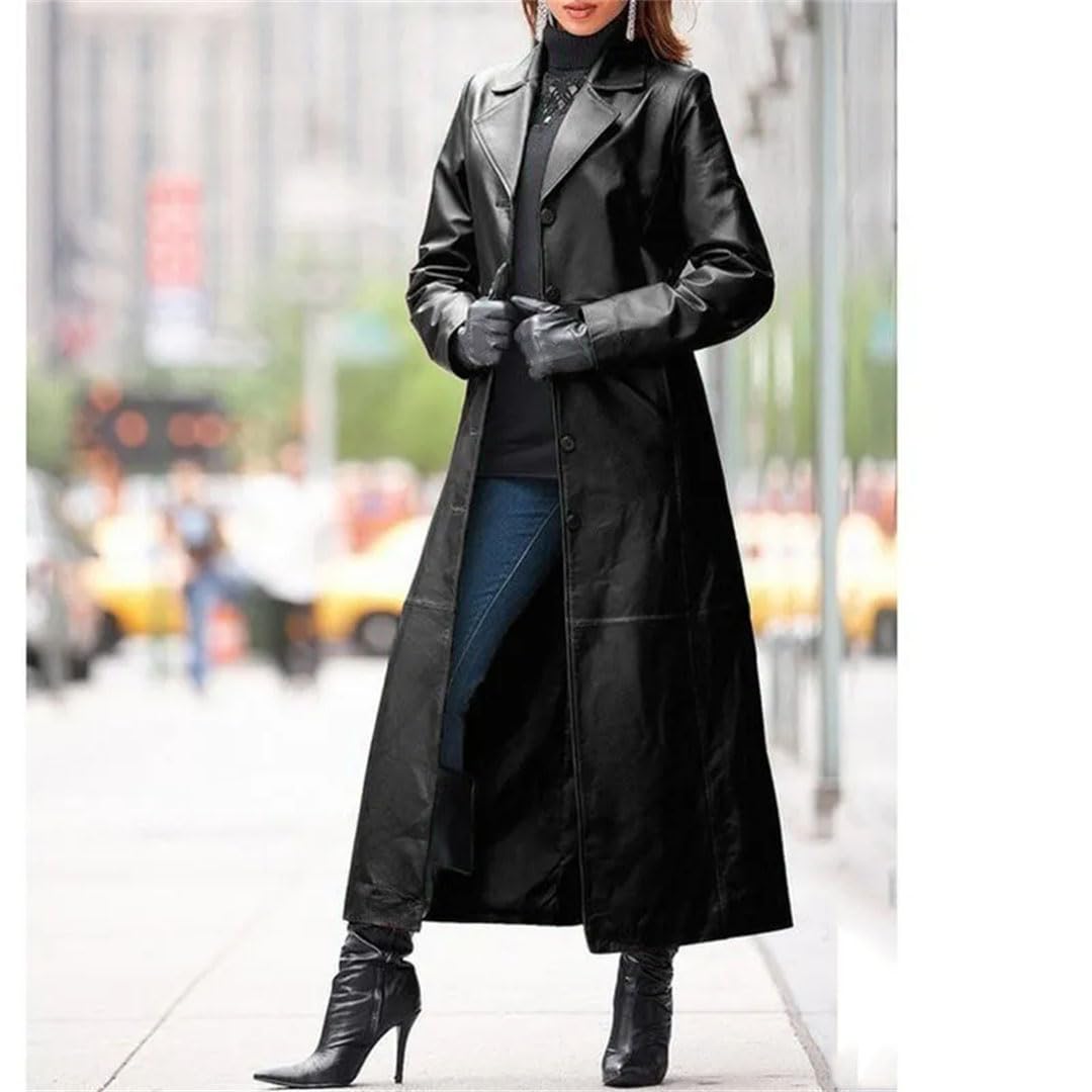 Suwequest Abrigo de cuero sin cinturón con solapa para mujer, abrigo largo, gabardina de cuero delgado, chaqueta de color sólido con solapa de moda