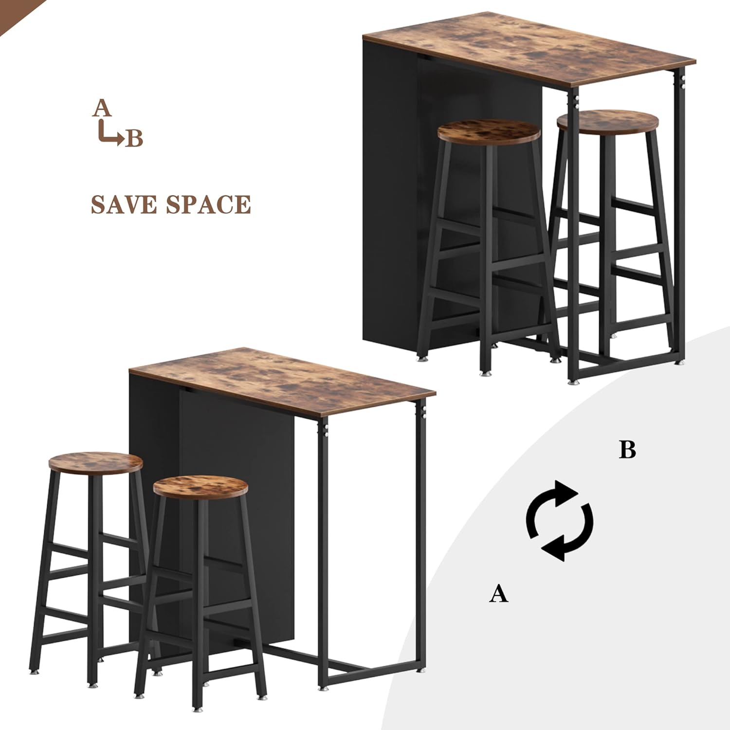 Diagram showing how the stools tuck under the table to save space