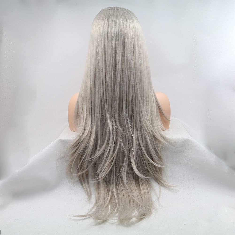 AFBeauty Grey Lace Front Wig for Women Long Straight Ash Gray Glueless Wig Synthetic Lace front Wig Heat Resistant Fiber Synthetic Lace Front Wig Silver Wigs 24 inches - Image 3