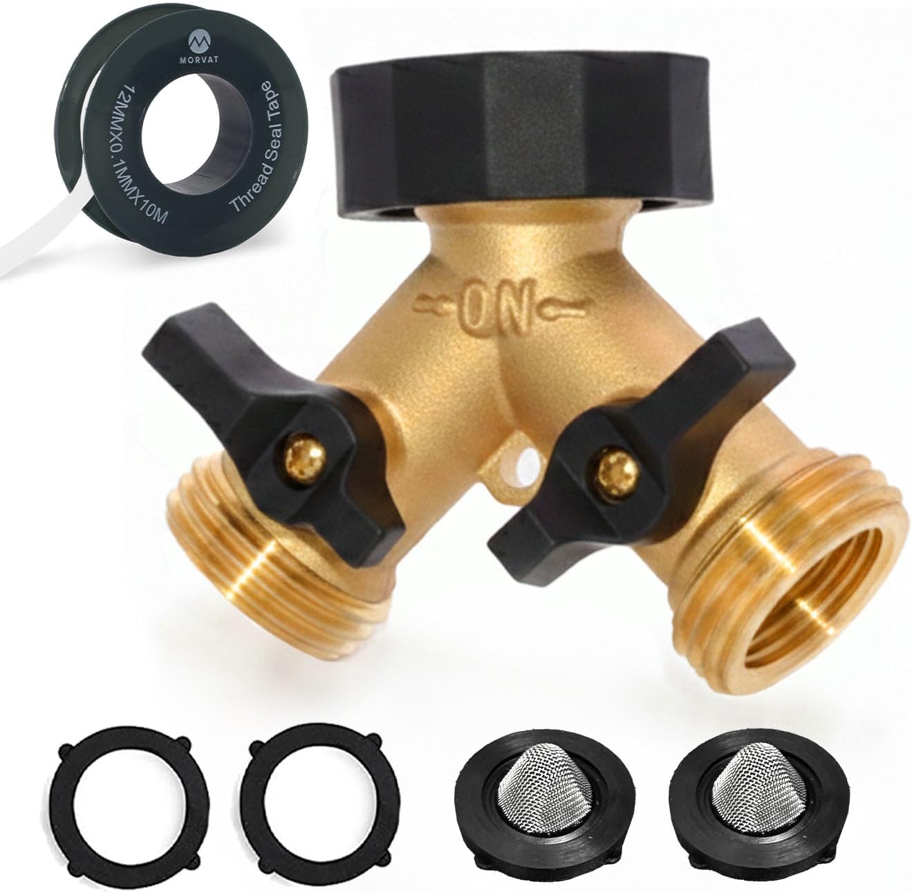 Morvat Heavy Duty Garden Hose Splitter Brass Connector with Comfortable Rubber Grip ON/OFF Two Valves, Y Splitter for Outlet, Water Tap & Spigot, Includes 2 Washers, 2 Filter Washers & Teflon Tape