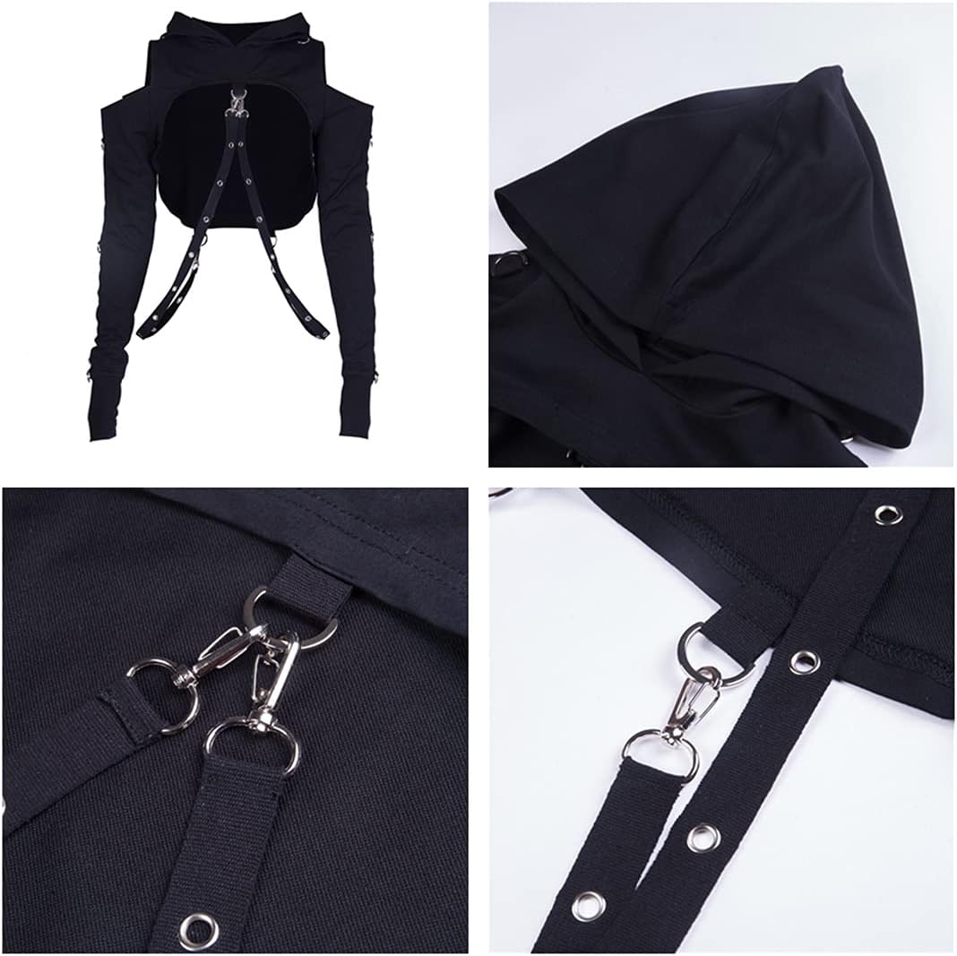 Women Gothic Hooded Top Long Sleeve Black Chain Print Crop Tops E-Girl Harajuku - Image 6