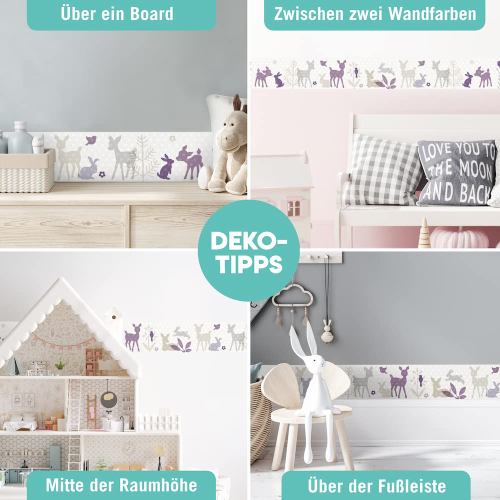 Bordüre selbstklebend HÄSCHEN & REHE LILA BEIGE - Wandbordüre Kinderzimmer Babyzimmer mit Hase & Reh Waldtiere - Wandtattoo Schlafzimmer Mädchen – Wanddeko Baby Kinder