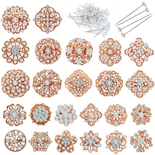Lesnala 24Pcs Rhinestone Brooches For Crafts, Rhinestone Crystal Flower Brooches Pin, Rhinestone Bouquet Pins With 100Pcs Sewing Pins Long For Wedding Bouquet Decor Woman Gift Craft Diy (Rose Gold) #TOP9
