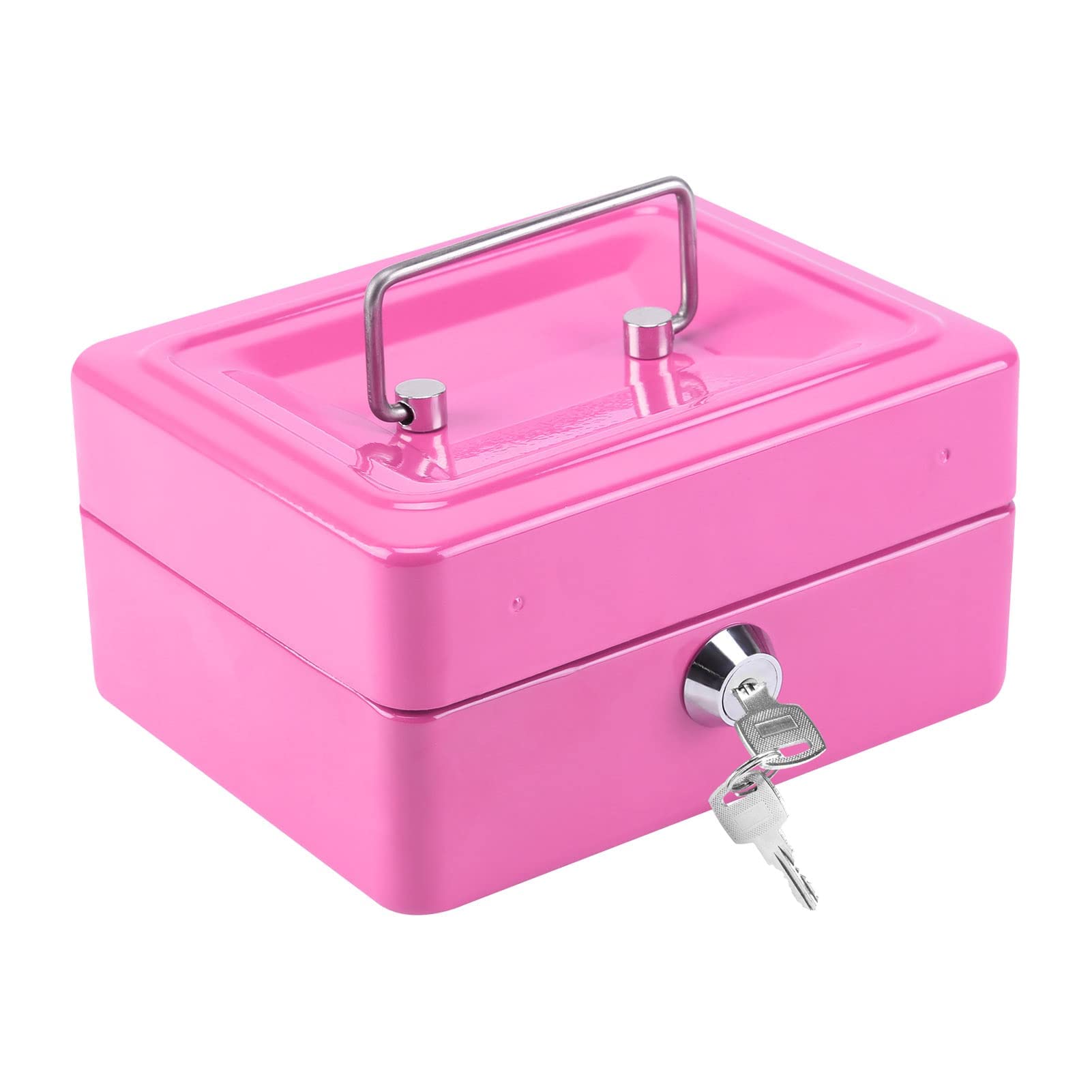 CROWNSHOP Lockable Cash Box 6" Metal Money Box with 2 keys Lockable Portable Petty Cash Money Tin with Removable Change Tray for Home Office and Events (Pink)
