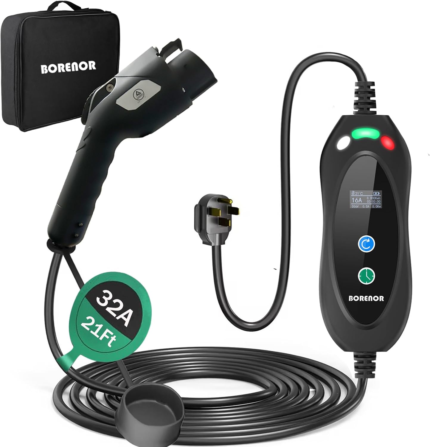 level 2 portable ev charger, 32a electric vehicle charging station, electric car charger with 21 ft charging cable nema 14-50p plug, home electric car charger for sae j1772, adjustable current