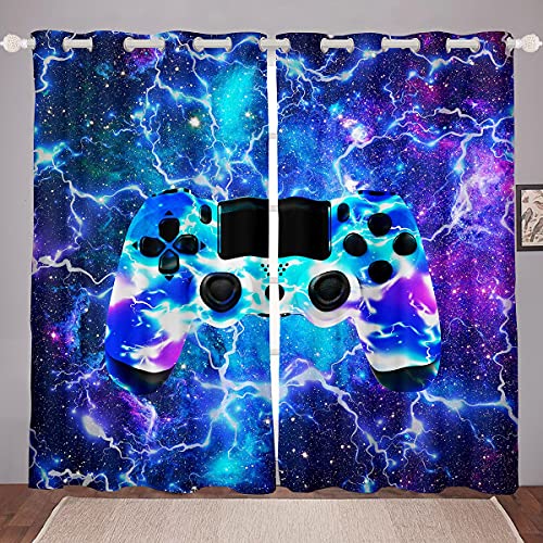 Loussiesd Gaming Thermal Insulated Window Drapes Galaxy Gamepad Room Darkening Curtain for Kids Boys Teens Gamer Curtains for Bedroom Video Game Controller Window Treatment Blue W46*L54