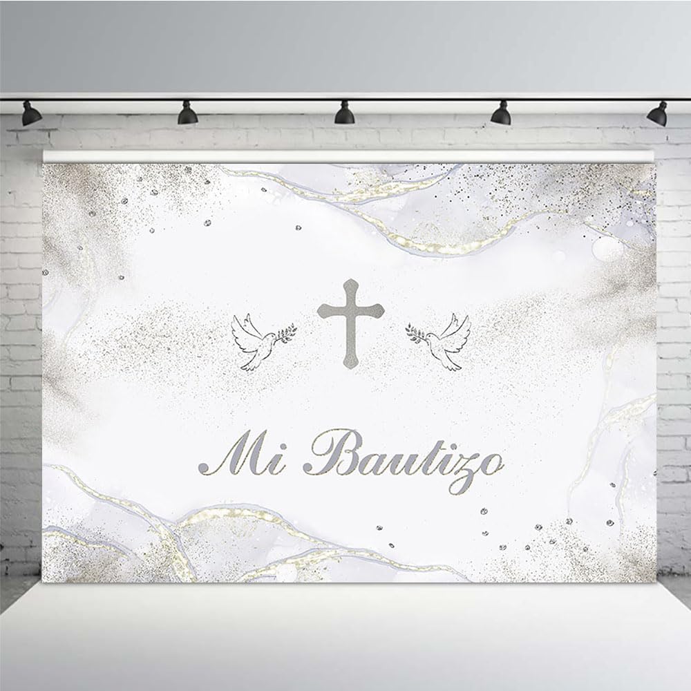 MEHOFOND Mi Bautizo Backdrop God Bless Mexico Baptism Photography Background for Girls Boys Peace Dove Silver Glitter Watercolor Clouds Christening