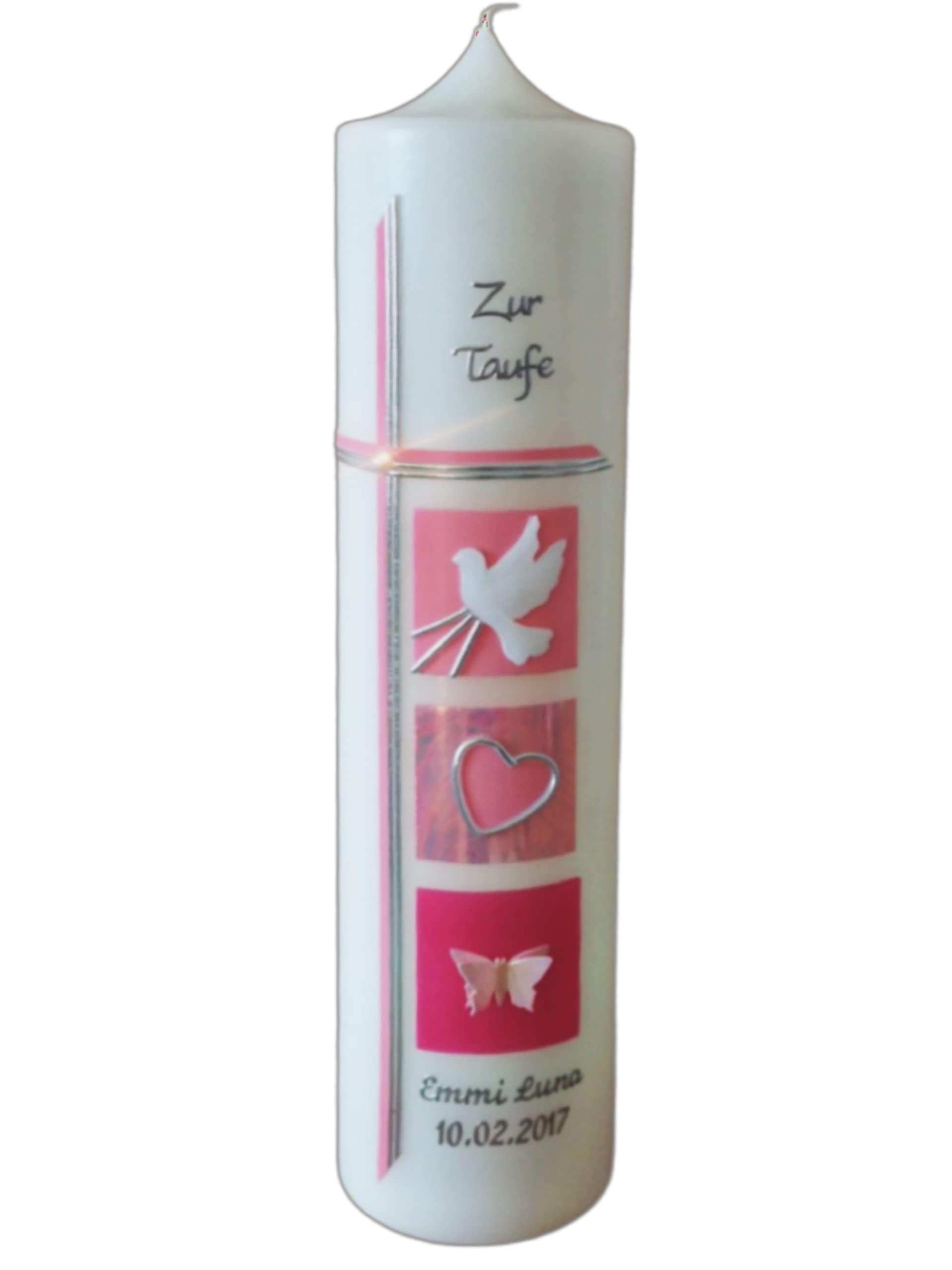 Taufkerze Mädchen Schmetterling, rosa, mit Name und Datum personalisiert. Verschiedenen Größen verfügbar Individuell und Handgestaltet