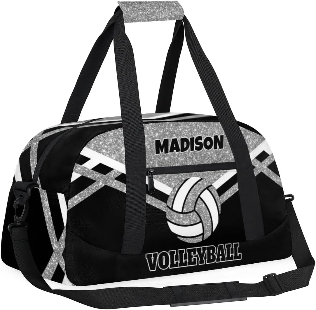 Custom Name Sports Volleyball Duffel Bag, Silver Black Glitters Personalized Sport Gym Duffel Cheerleading Bag Travel Weekender Tote Carry-On Bag