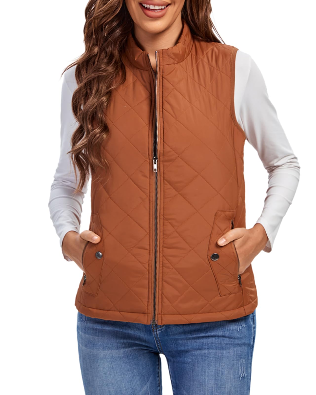 Fuinloth Women's Lightweight Warm Puffer Quilted Vest - 4-Pockets Stand Collar Zip Gilet, Fall Winter Outerwear