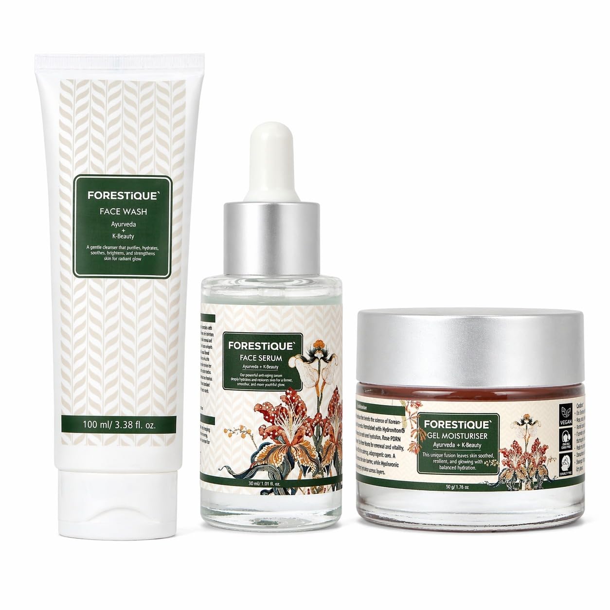 FORESTiQUE Skincare Combo Set – Face Wash, Face Serum & Gel Moisturiser | Ayurveda + K-Beauty | Complete Daily Skincare Kit (Pack Of 3)-image-34
