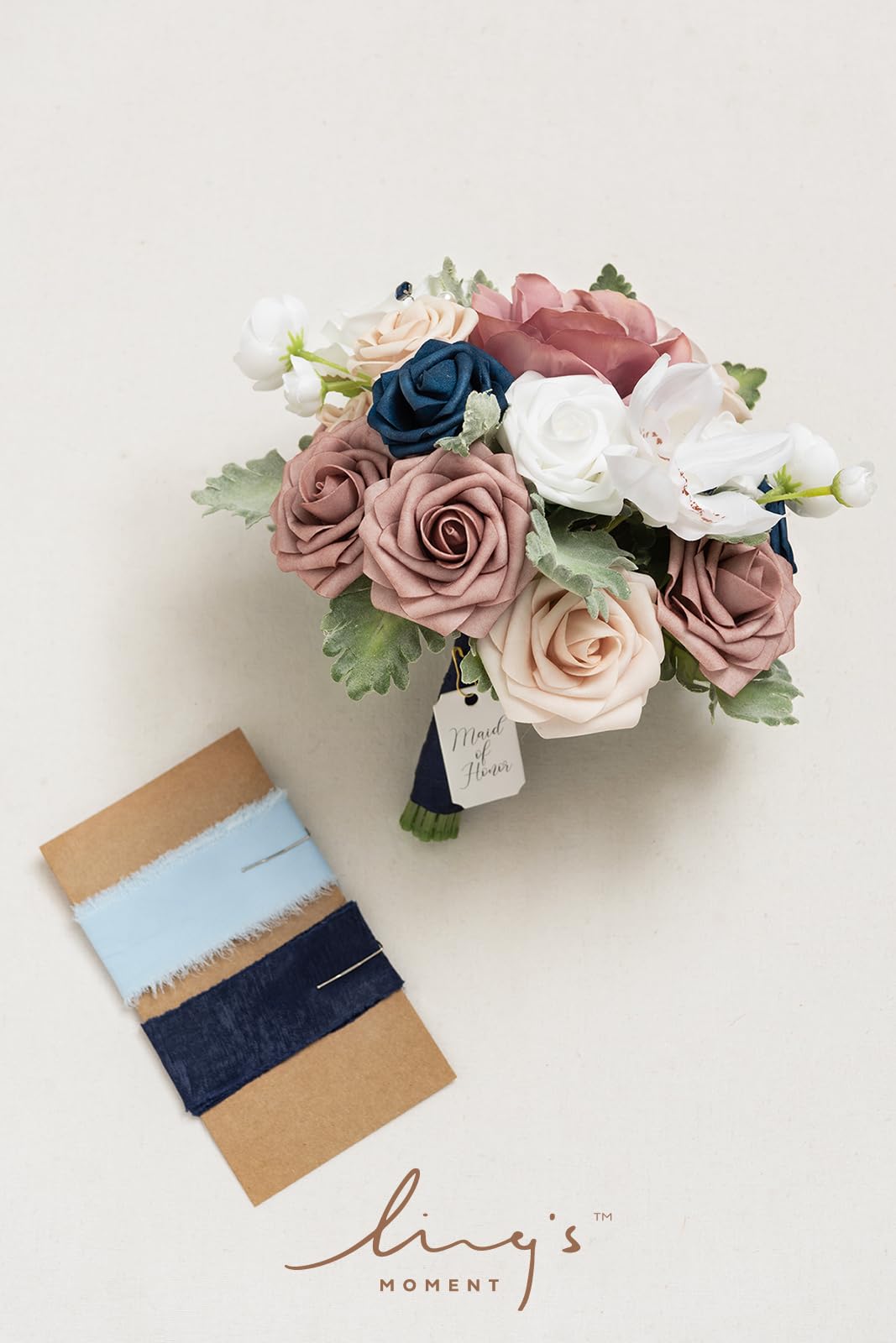 Ling's moment Dusty Rose Marineblau Brautstrauß für Braut, rosa Hochzeitssträuße für Braut Trauzeugin Brautjungfer, 9 Zoll Seide Runde Künstliche Hochzeit Blumen Sträuße, Kleine Brautjungfer Strauß