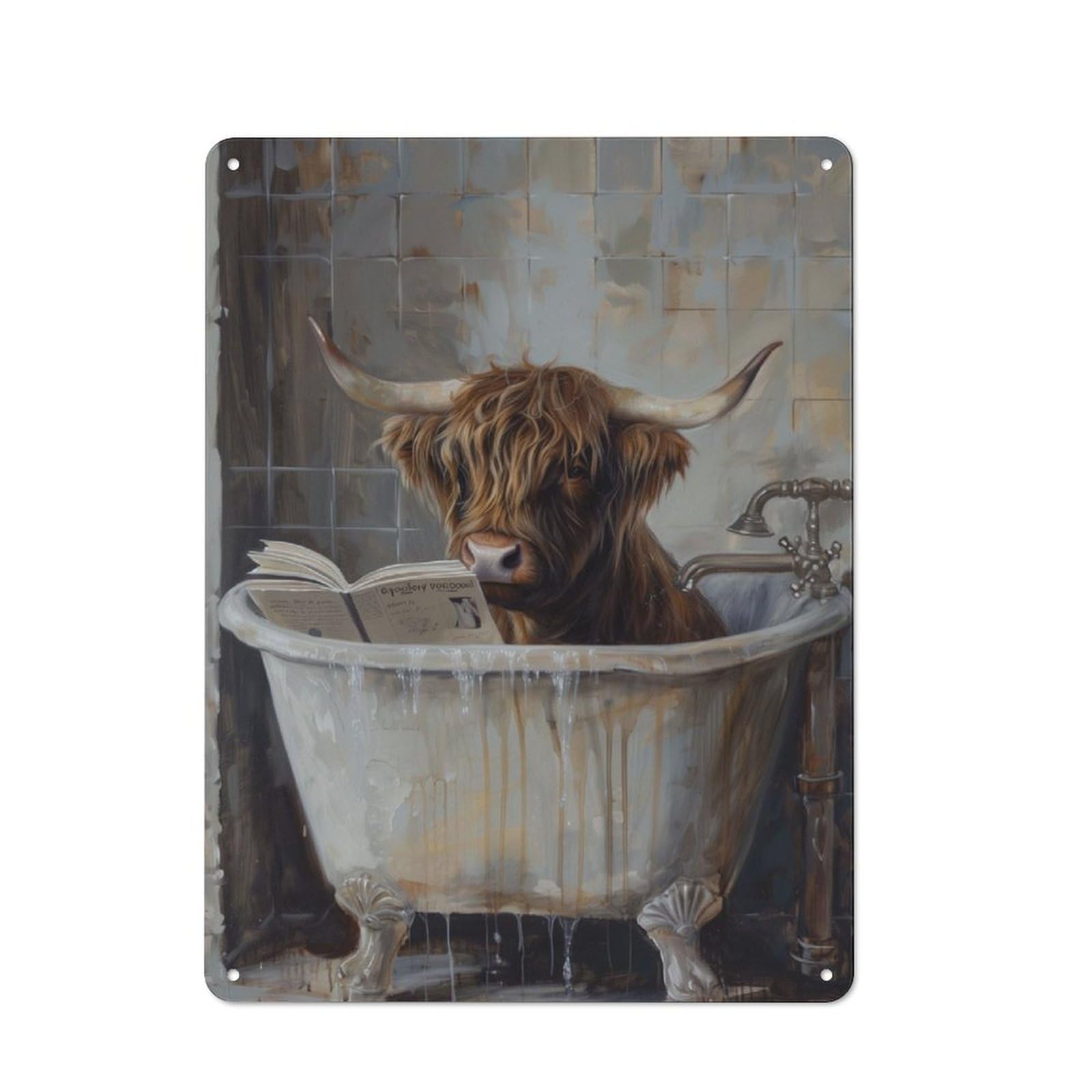Junmoney Highland Cow Bathtub Book Printed Metal Sign 40X30cm For Kitchen Or Home Bar, Housewarming Present For People Styling Kitchen And Home Bar