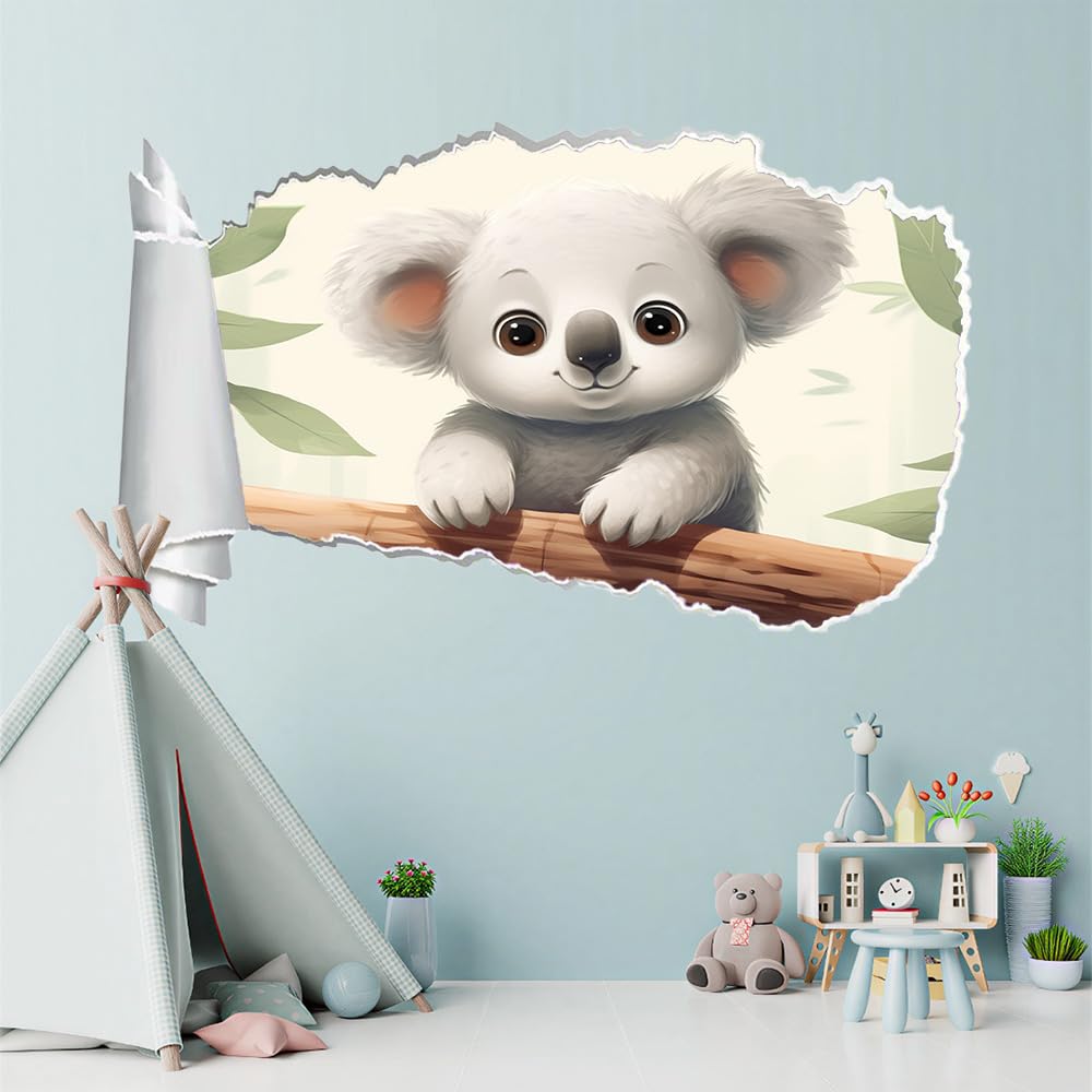 Decalcomanie da muro Art 3D Fracassato Animali Koala Adesivi murali Foglie Carta da parati Camera da letto autoadesivo per ragazze Camera da letto Nursery Home
