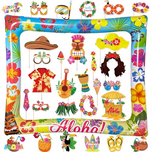 Hawaiian Photo Booth Props & Inflatable Frame 30Pcs Luau Photobooth Props with Large Inflatable Inflatable Selfie Picture Frame for Summer Tropical Aloha Luau Party Selfie Supplies