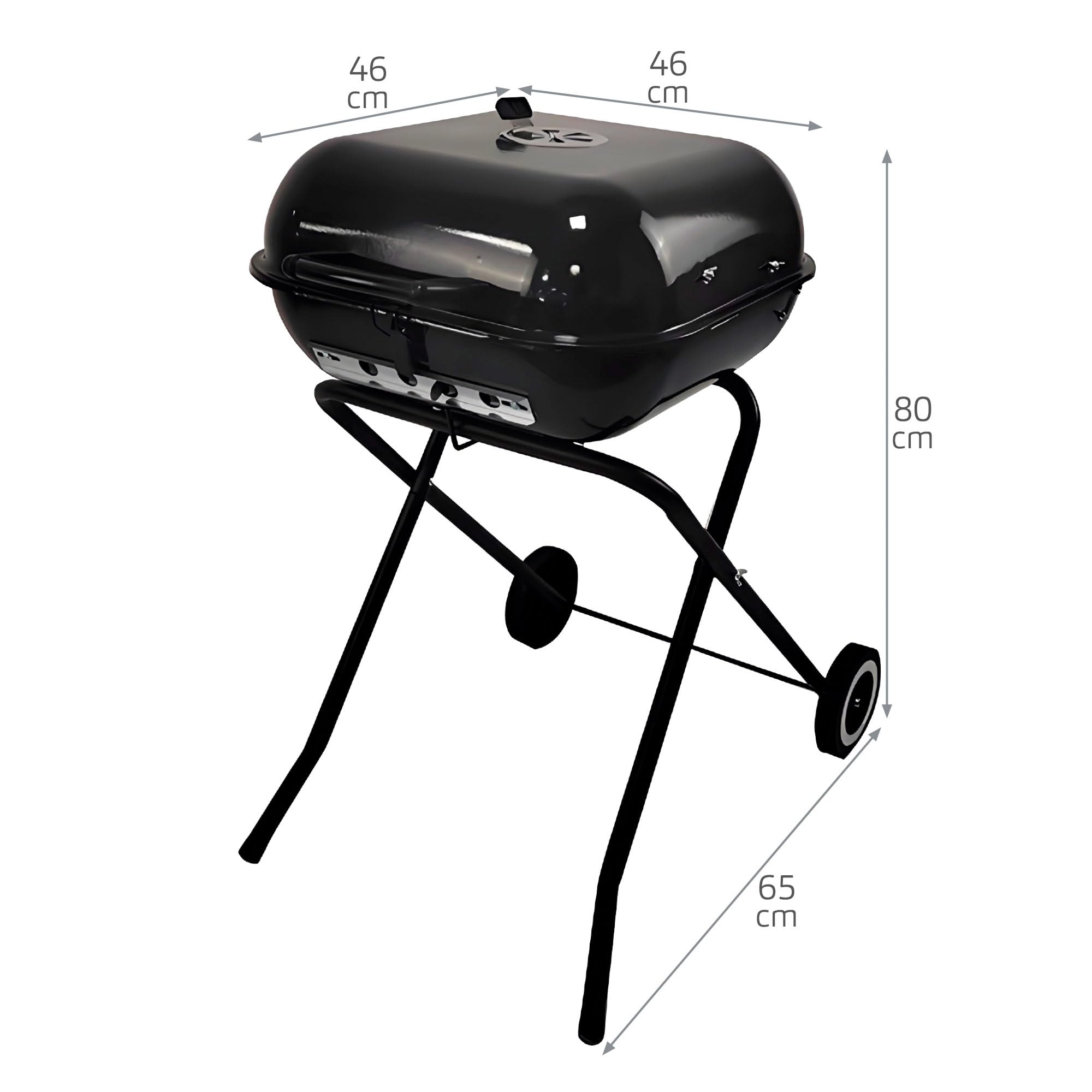 AKTIVE Barbacoa portátil con ruedas, Color negro, Mide 49x74x79 cm, Acero resistente, Patas plegables, Tapa con ventilación, Mini parrilla carbón extraíble (63178)