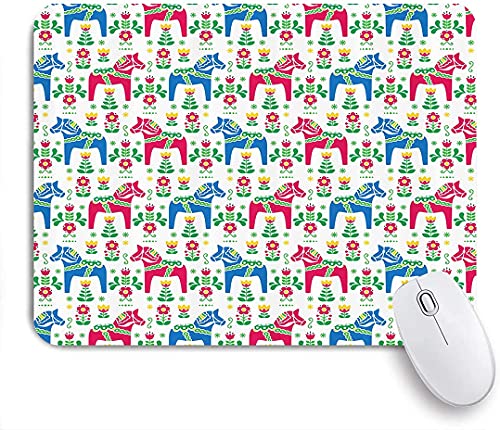 Cojín de ratón Cuadrado, Caballos Clásico Sueco Dalecarlian Coral Azure Azul Animals and Green Floral Arreglo Cover