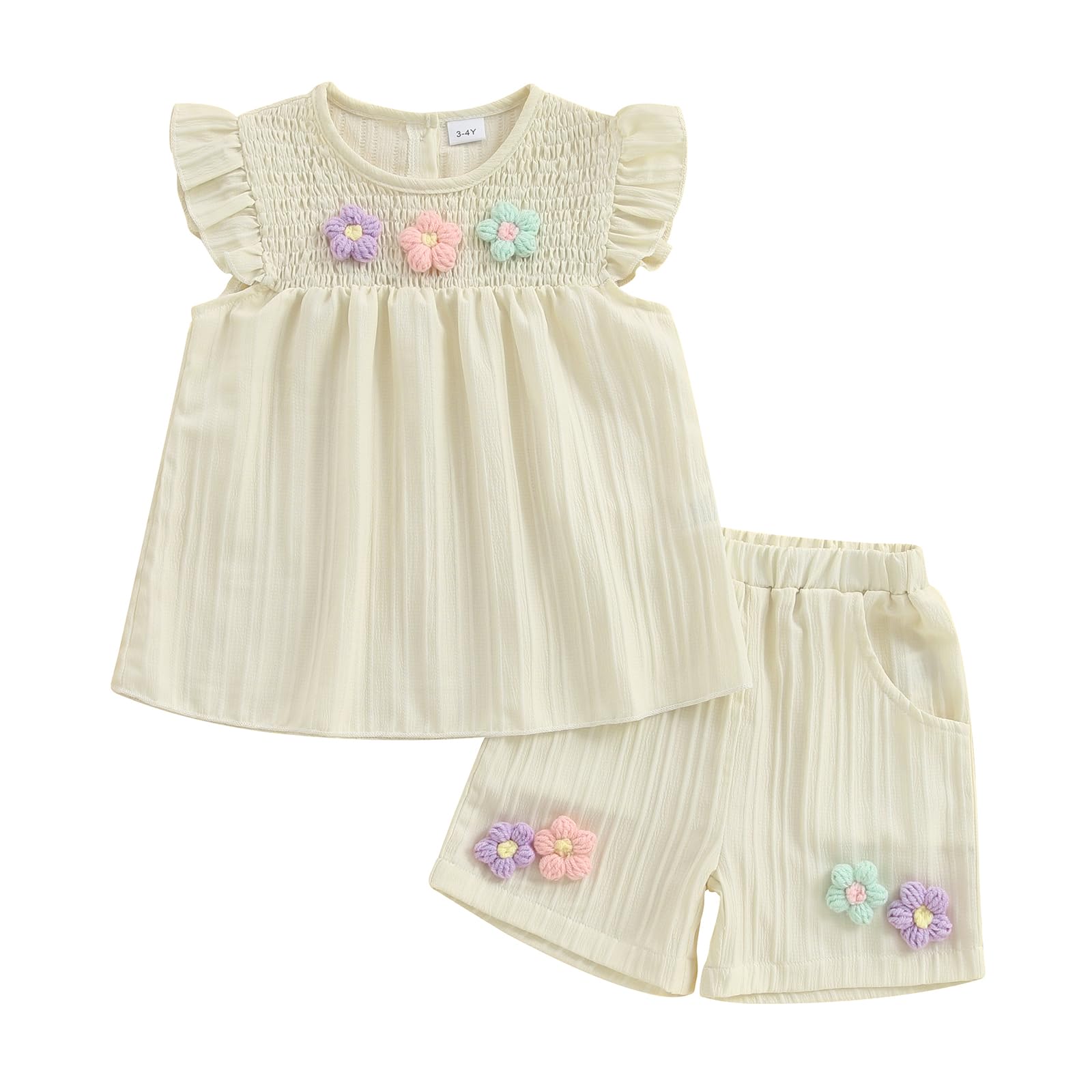 Toddler Baby Girl Summer 2 Piece Outfits Cute 3D Flower Embroidery Ruffle Smocked Tops and Elastic Waist Shorts Sets