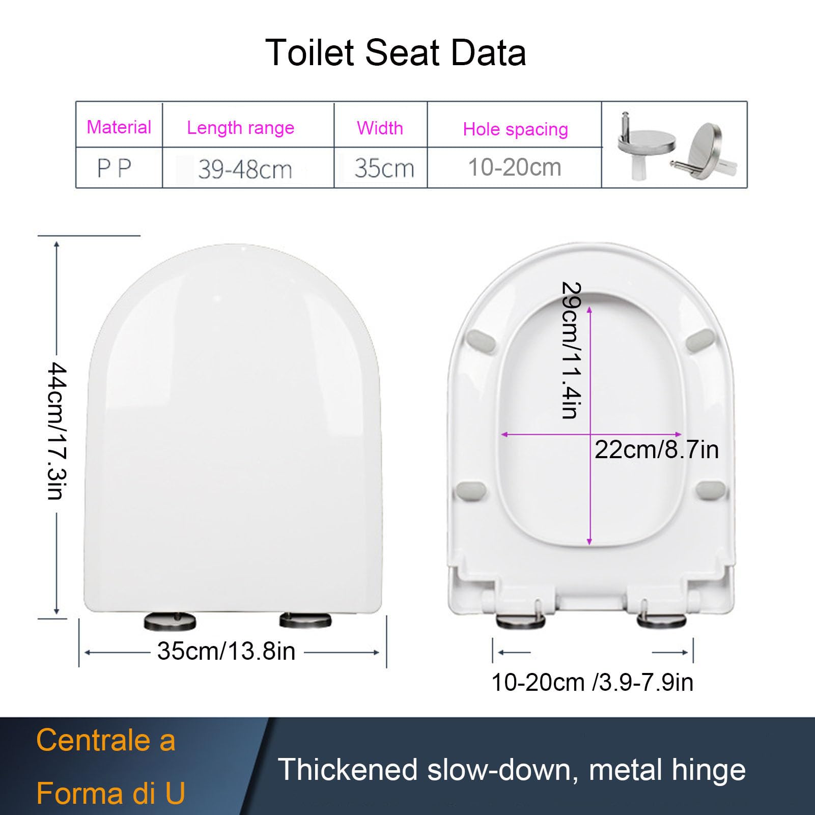 Sedile WC a Forma di D con Chiusura Ammortizzata, Copriwater Universali | Tavoletta WC in PP con Sgancio Rapido per Facile da Installare e Pulire, Portata Fino a 150Kg, Bianco, 44x35cm