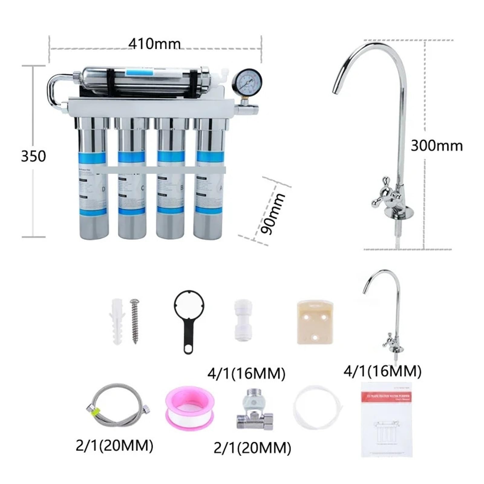 Sistema purificador de Agua por ultrafiltración for Cocina doméstica con Grifo, Sistema de filtración Directa de Agua Potable de Acero Inoxidable, 90 l/h con Alta tasa de filtración