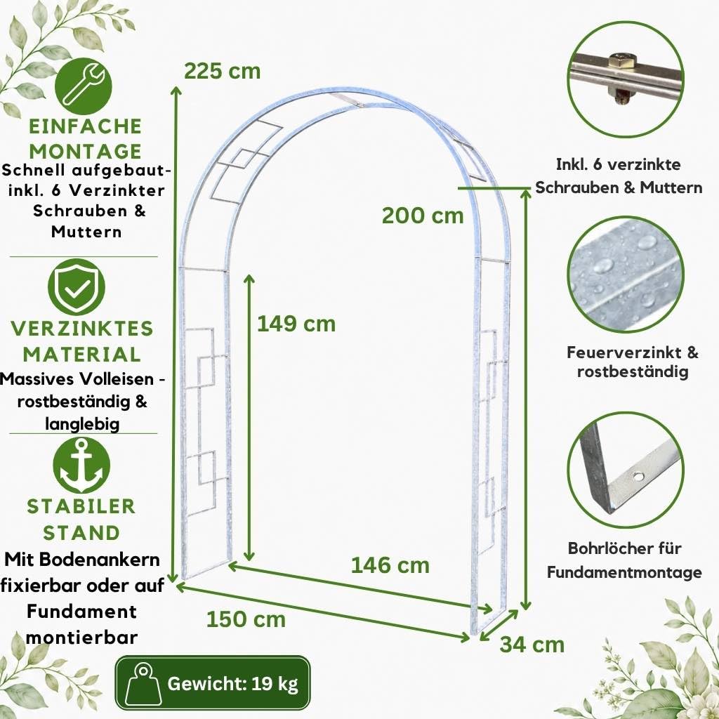 DanDiBo Łuk różany, ocynkowany, masywny, 150 cm, 96524, odporny na warunki atmosferyczne, okrągły łuk, podpora dla roślin pnących, łuk ogrodowy, ocynkowany ogniowo