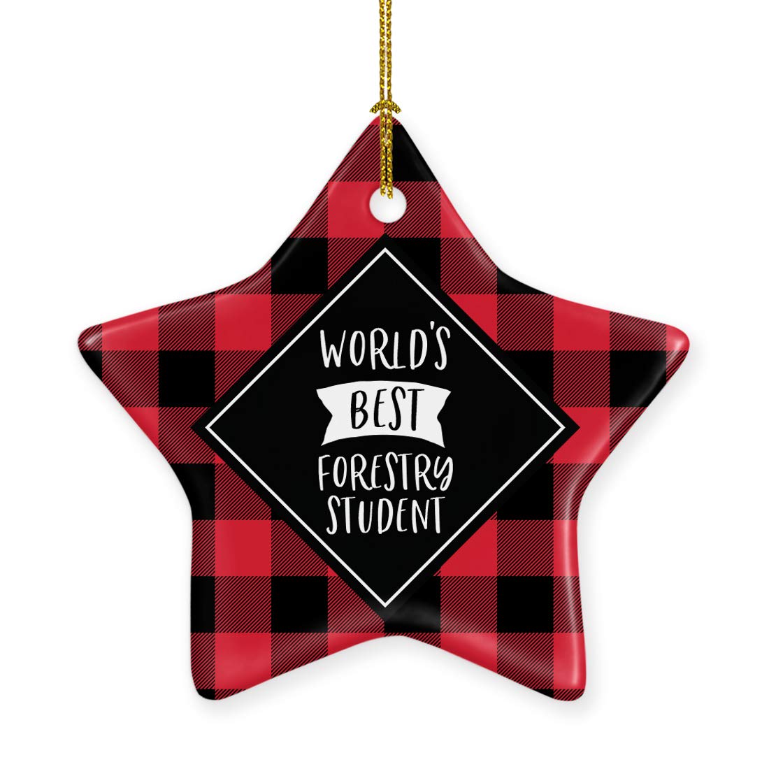 Andaz Press Star Ceramic Porcelain Christmas Tree Ornament Keepsake Gift, World's Best Forestry Student, Plaid, 1-Pack, Birthday Gift Ideas Coworker