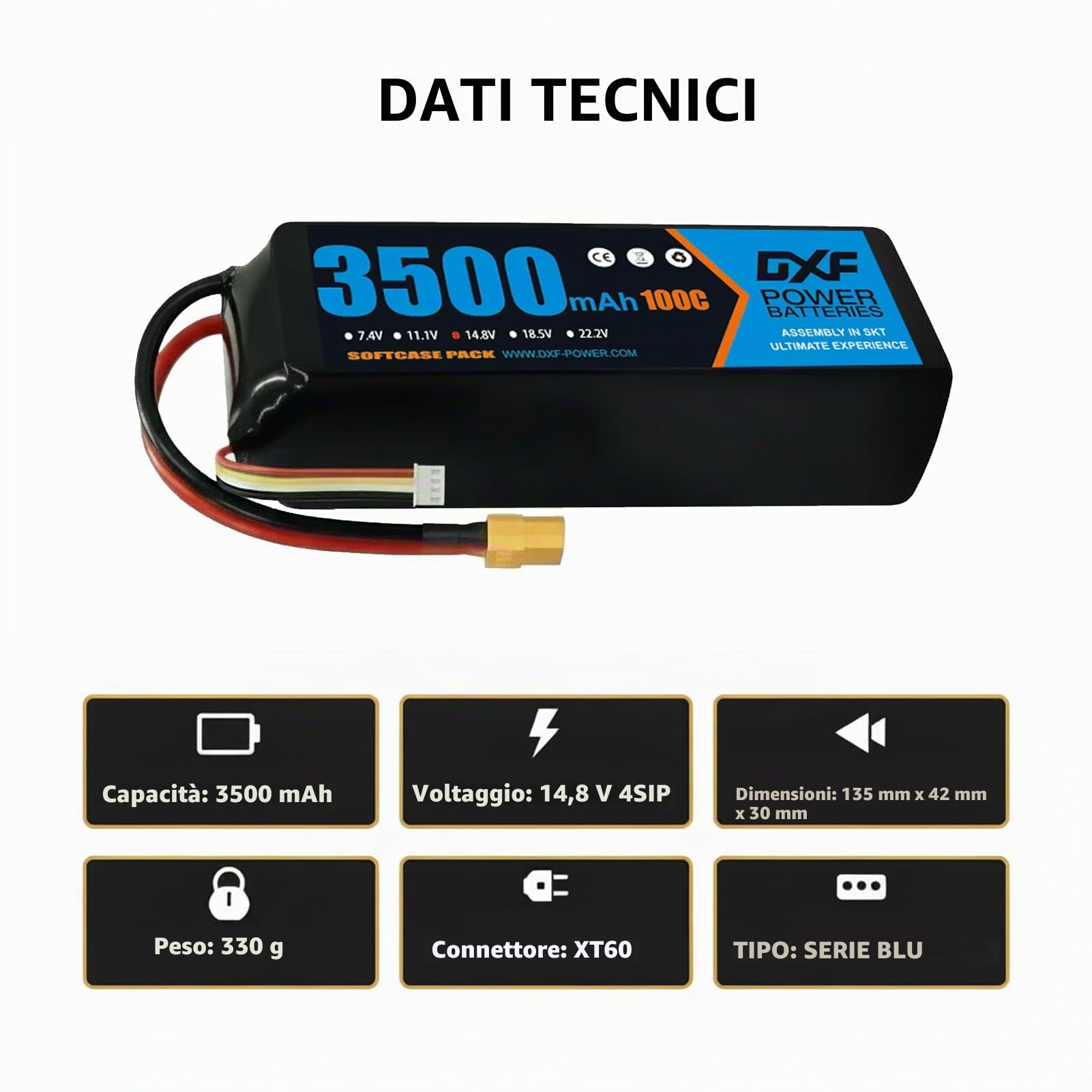 DXF Batteria LiPo 4S 14.8V 3500mAh 100C Spina XT60 Auto RC 1/8 1/10 Truck Buggy Monster Jam Compatta Leggera Potente Gare Racing Modellismo 2 Pezzi