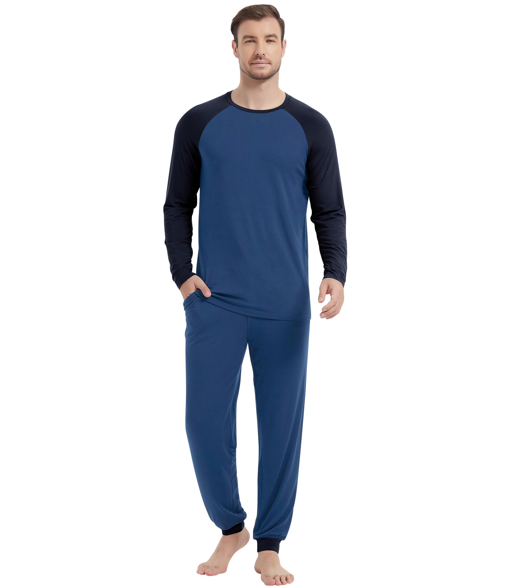 NACHILA Pajamas for Men-Viscose Made from Bamboo, Long Sleeve Pajamas Set Comfy Sleepwear Pants Soft V Neck Pjs with Pockets