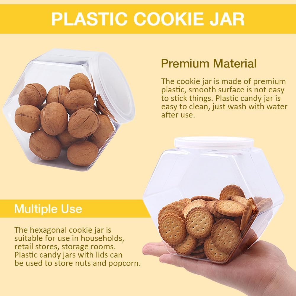 2 Pack Plastic Clear Hexagon Cookie Jar with Lids (29Oz)